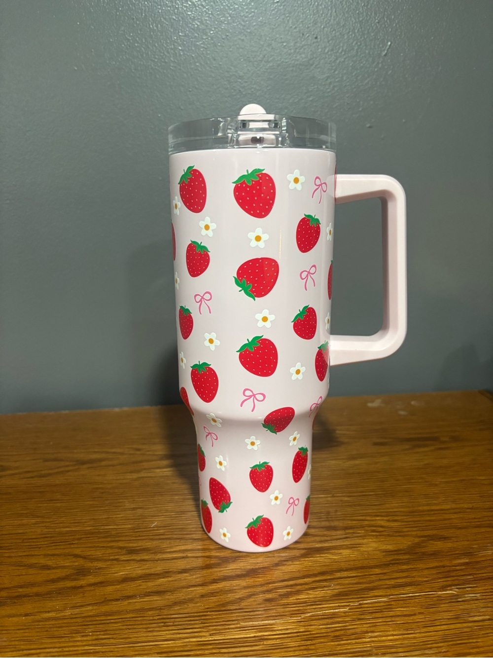 Pink Strawberry Travel Mug with Handle - Insulated Drink Tumbler